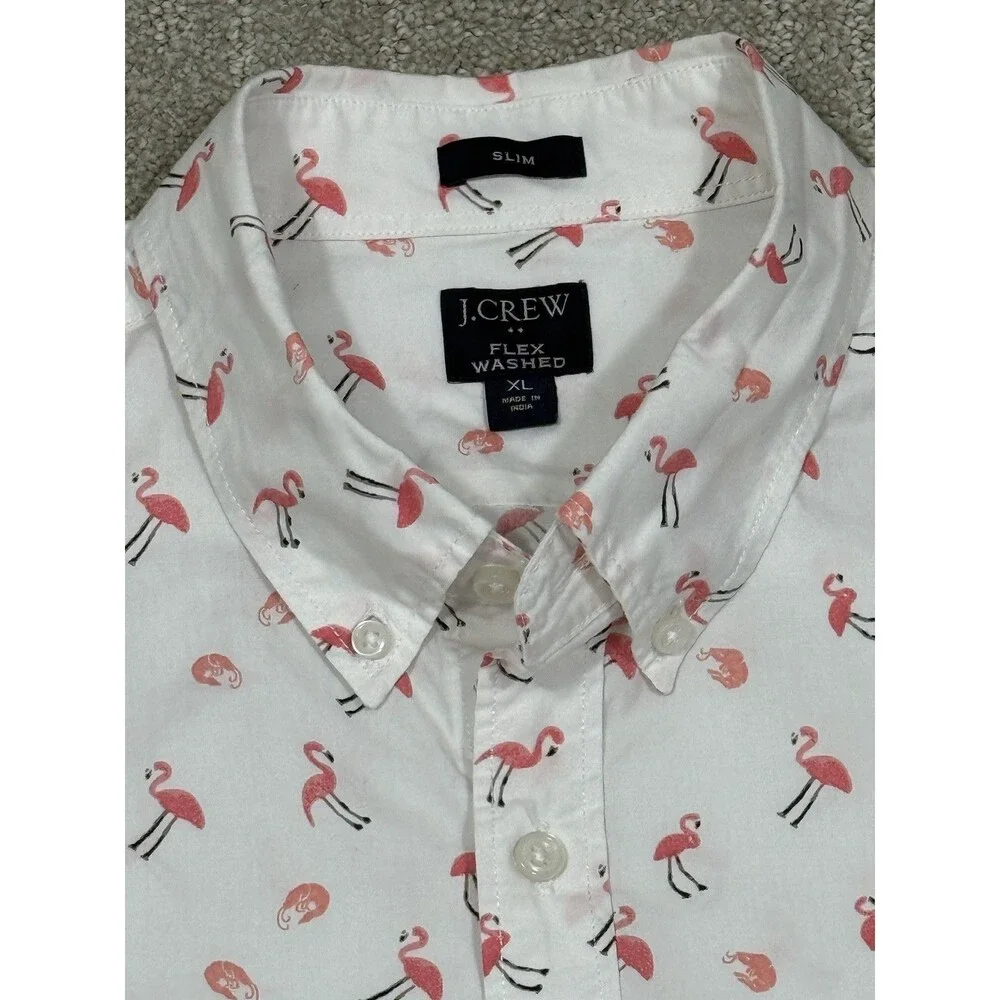 J.Crew Mens XL Flex Washed Shirt Pink Flamingo Print Short Sleeve Button Up